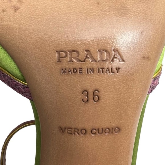Prada Green Satin Pink Python Leather Accent Ankle Strap High Heels 6 - Picture 5 of 7